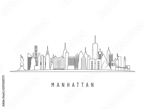 Detailed Manhattan skyline vector illustration. Manhattan buildings in line art style, perfect for modern designs.