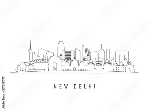 Detailed New Delhi skyline vector illustration. New Delhi buildings in line art style, perfect for modern designs.