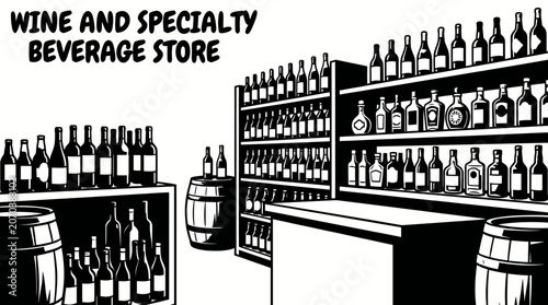 Tableau sur toile Wine and Specialty Beverage Store Featuring Premium Bottles Gourmet Products and