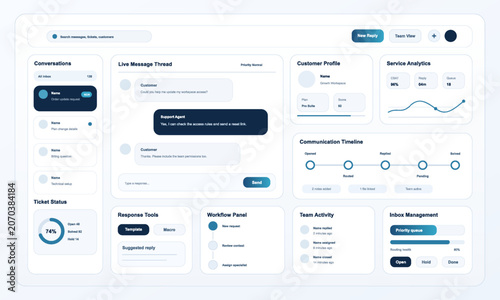 Customer support dashboard displaying chat interactions and analytics