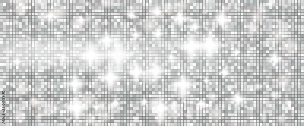 Fototapeta premium Grey glitter disco ball backdrop with mosaic mirror tile for night club poster. Shiny grey sequin texture and silver glitter sparkle. Vector pattern with shimmer on bright accents and Christmas bg