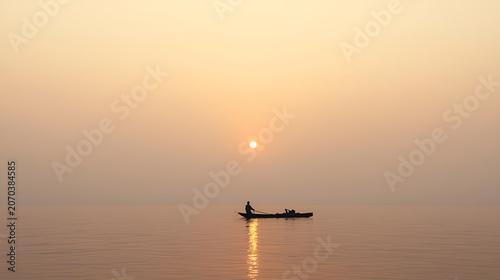 A lone fisherman in a small boat on a calm sea during a hazy sunrise, with the sun reflecting on the water.