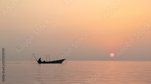 Lone fisherman in a small boat sails across a calm sea during a beautiful sunset.