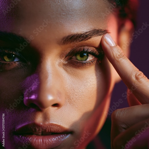 Tight close up portrait of a woman with green eyes touching her eyebrow for beauty banner background and cosmetic skincare promotion