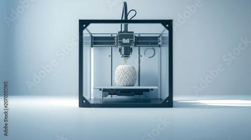 Modern 3D printer creating a complex object layer by layer with a focused beam of light.