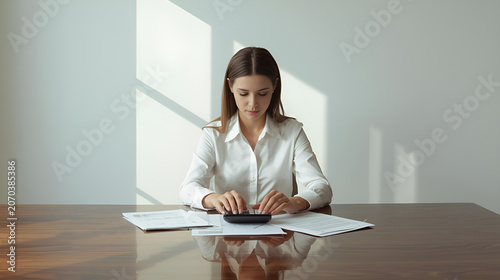 Young woman sitting at a wooden desk, focused on using a calculator with papers spread out.