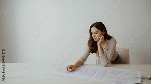 Young businesswoman looking thoughtfully at documents on a desk in a modern office.