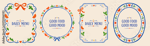 Konstfotografi Watercolor daily menu frame collection with good food quote layouts, tomato slices, basil leaves, bows and folk style borders
