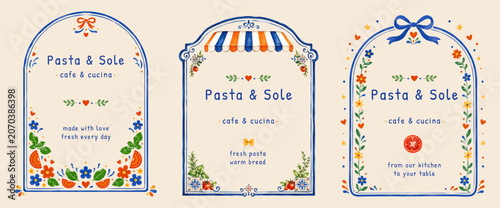 Schilderij op canvas Watercolor pasta and cafe menu poster trio with tomato, basil, flowers, striped awning, decorative borders and Italian restaurant style