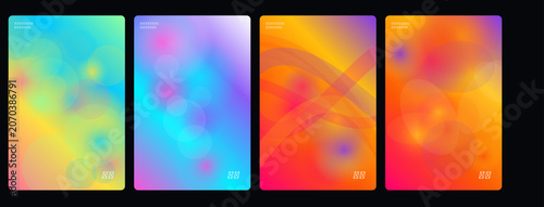 Vibrant abstract backgrounds, colorful gradient textures, neon geometric patterns, modern design elements, 4-panel vector set
