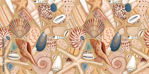 Foto Nautical seamless pattern with beach seashells starfish marine snails and conch