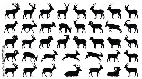 Horned wild animal silhouettes grid set featuring deer goats and antelopes.