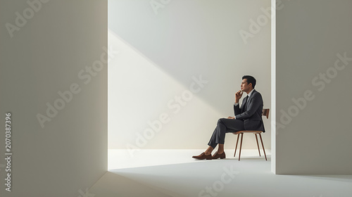 A man in a suit sits thoughtfully on a chair in a minimalist, brightly lit room, contemplating.