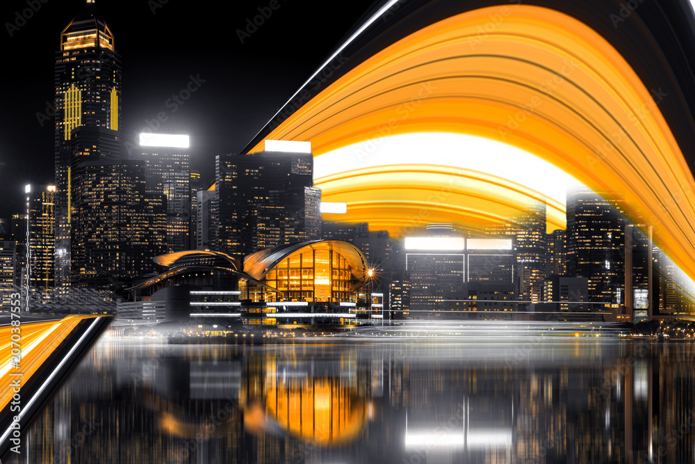 Fototapeta premium A futuristic cityscape at night with an archway made of luminous golden-orange light dominating the upper portion