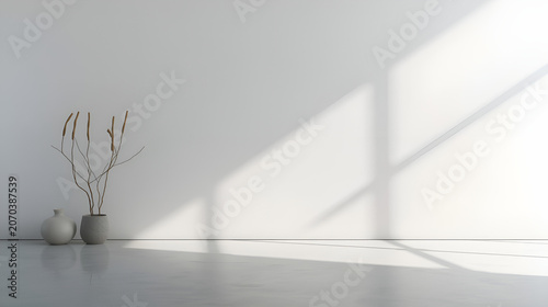 Minimalist interior with natural light casting shadows on a white wall and floor.