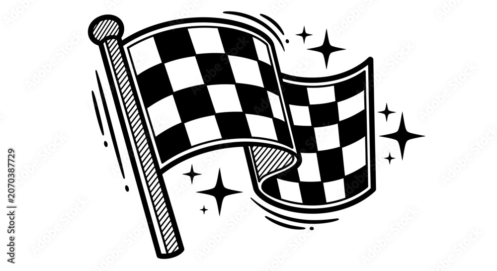 Naklejka premium Hand drawn checkered flag with stars doodle style illustration.