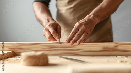 Craftsman's hands marking a wooden plank with a pencil for precise measurement and cutting.