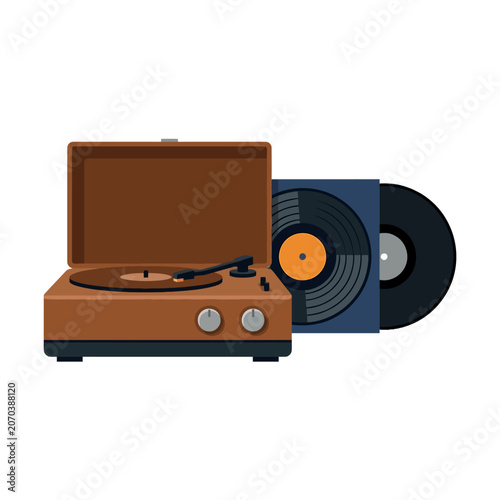 Vintage record player with vinyl discs on white background