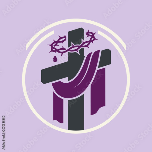 A Christian cross with a crown of thorns and purple fabric