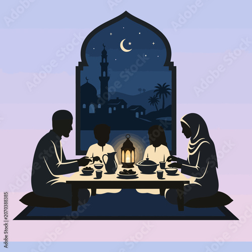 Muslim family sharing a traditional Iftar meal at sunset
