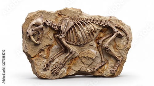 Foto Homotherium latidens fossil embedded in rock matrix, displaying a scientifically