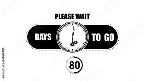 Black and white countdown showing eighty days to go with a circular clock and gear symbols on a plain white background