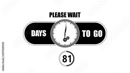 Monochrome countdown timer displaying eighty one days to go with a clock face and gear isolated on a plain white background