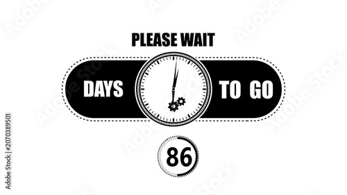 Black and white countdown showing eighty six days to go with a clock face and gear on a clean white background for project planning