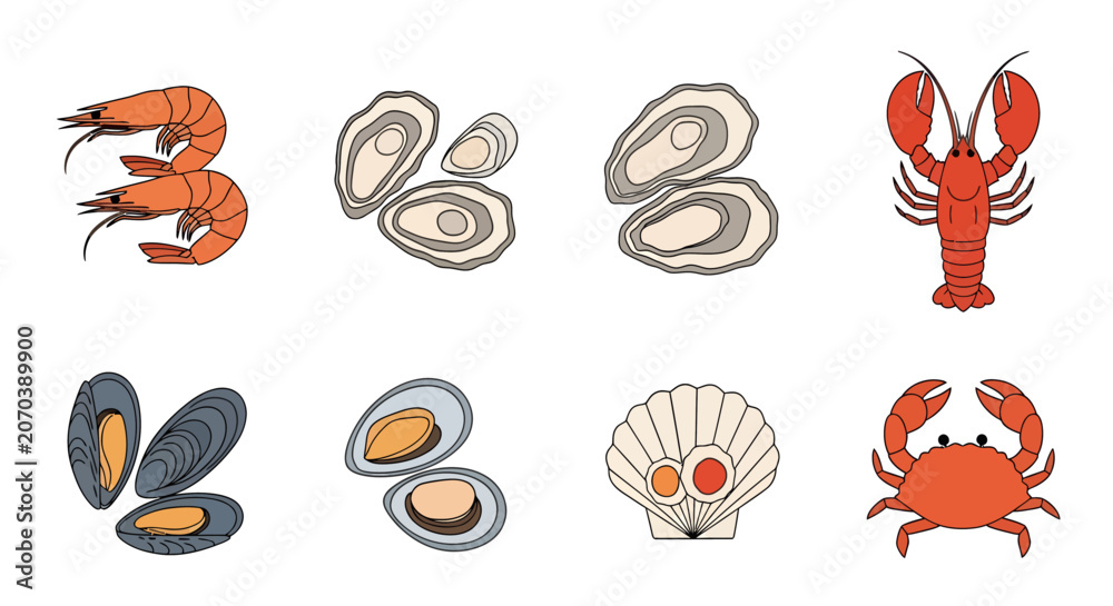 Obraz premium Seafood Illustration with Shrimp Lobster Clams Mussels Shells and Crab for Seafood Market Advertising and Culinary Design