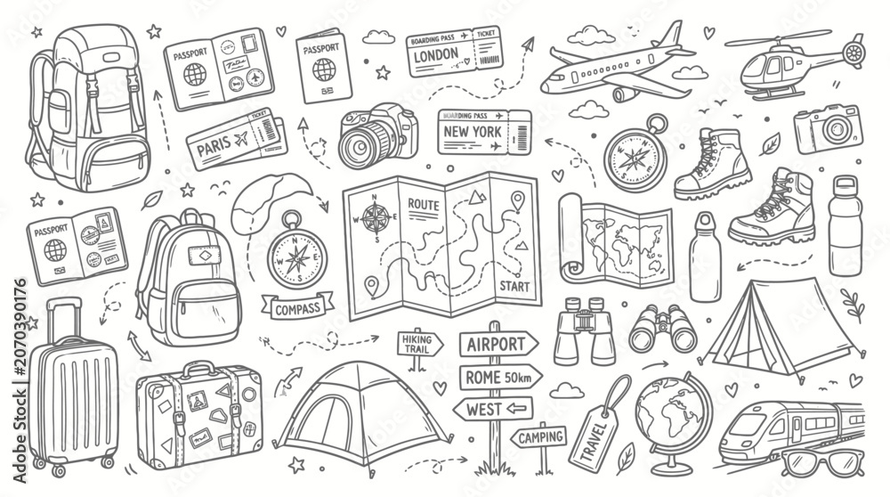 Fototapeta premium Travel and Adventure Doodle Set with Backpacks, Maps, and Outdoor Gear.