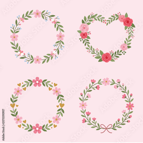 Obraz na plátne Pastel floral wreaths arrange delicate hearts and circles