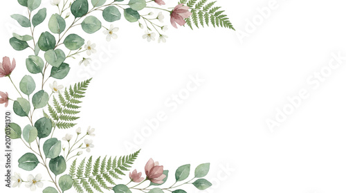 Delicate watercolor floral arrangement with eucalyptus leaves and ferns.