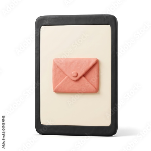 Plasticine clay 3D model of a tablet with pink mail envelope isolated on white background