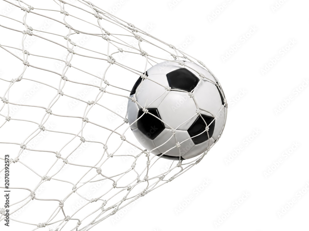 Fototapeta premium Soccer ball in goal net isolated on transparent background