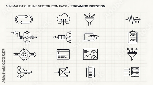 A collection of minimalist outline vector icons depicting various technology and data streaming concepts