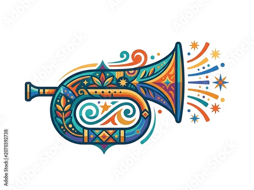 Ornate brass instrument with festive patterns