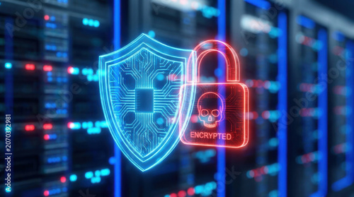 Cyber insurance concept glowing shield and lock in data center for network security