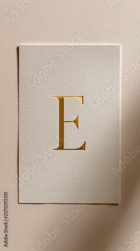 A white card with a golden letter E embossed on it, elegant design