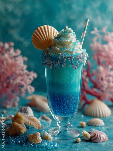 Ocean blue cocktail with whipped cream and shell garnish, beach themed party drink