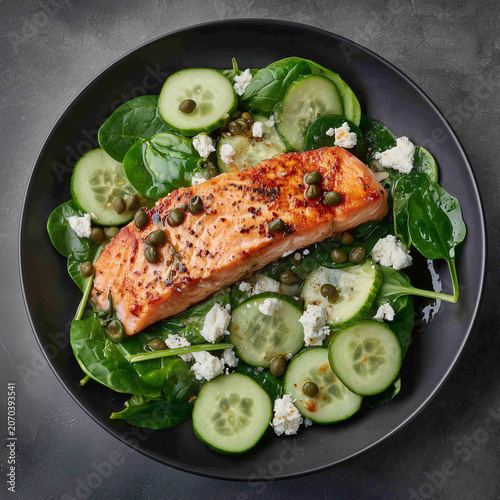 A fresh salmon salad with cucumber and feta cheese on a dark plate, healthy eating and fine dining