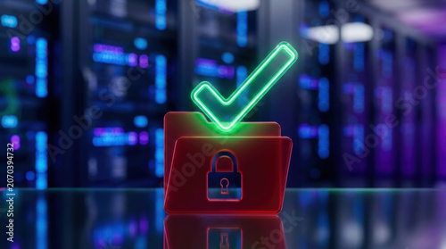 Cyber insurance concept digital security folder with glowing check mark and lock in data center