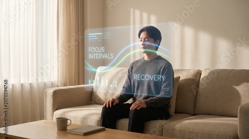 Living Room Focus Recovery AR Dashboard During Guided Breathing Pause