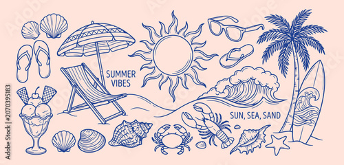 Quadro su tela Summer beach pattern, vacation sea illustration, tropical holiday graphic, sunny