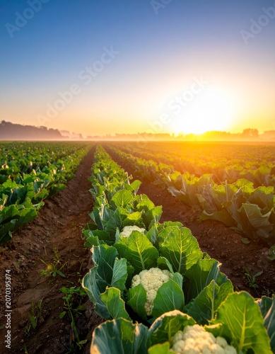 Blumenkohlfeld bei Sonnenaufgang