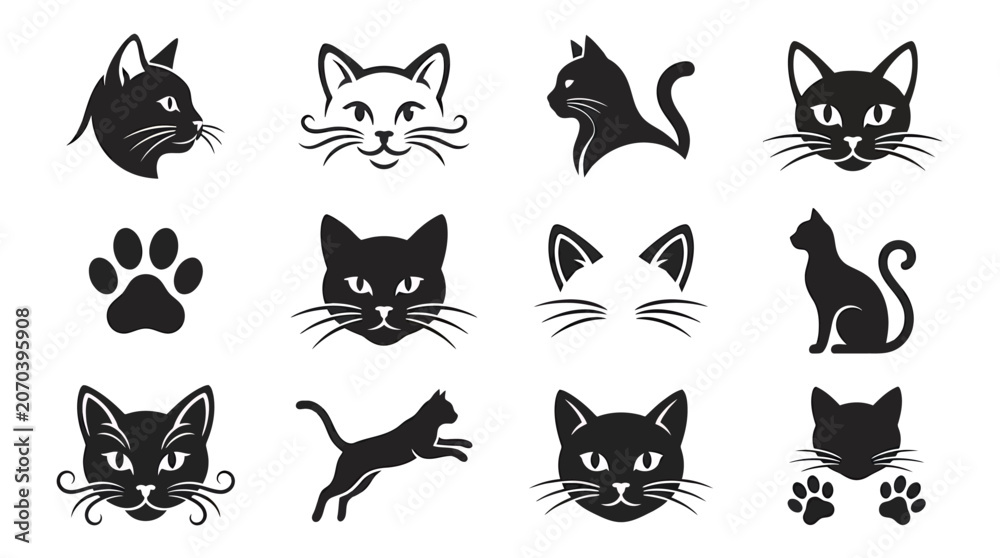 Fototapeta premium Black and white cat faces collection.