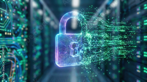 Cyber insurance concept digital lock with data stream in server room for network security and risk protection