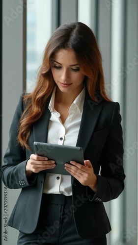 Confident young businesswoman in black suit using digital tablet while standing by large office windows. Modern workplace, technology, professional communication concept.