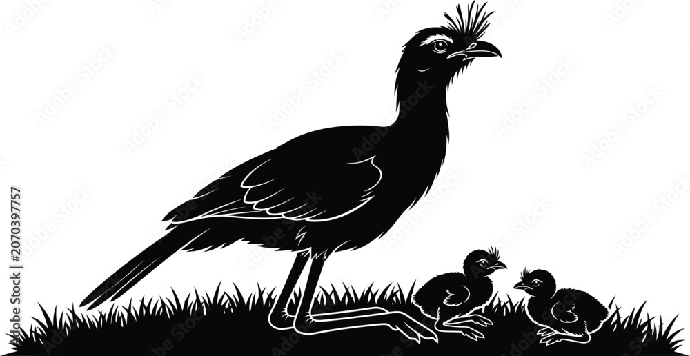 Fototapeta premium Seriema Bird Family Silhouette Vector with Adult Parent and Two Chicks Resting on Grass