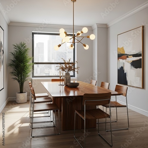 Modern Dining Room with Abstract Art and Sputnik Chandelier.