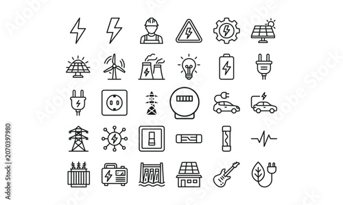 Electricity and Renewable Energy Icon Set with Power, Solar Panel, Battery Storage, Electric Vehicle Charging, Voltage, Power Grid, Generator and Electrical Switch Line Symbols Vector Illustration